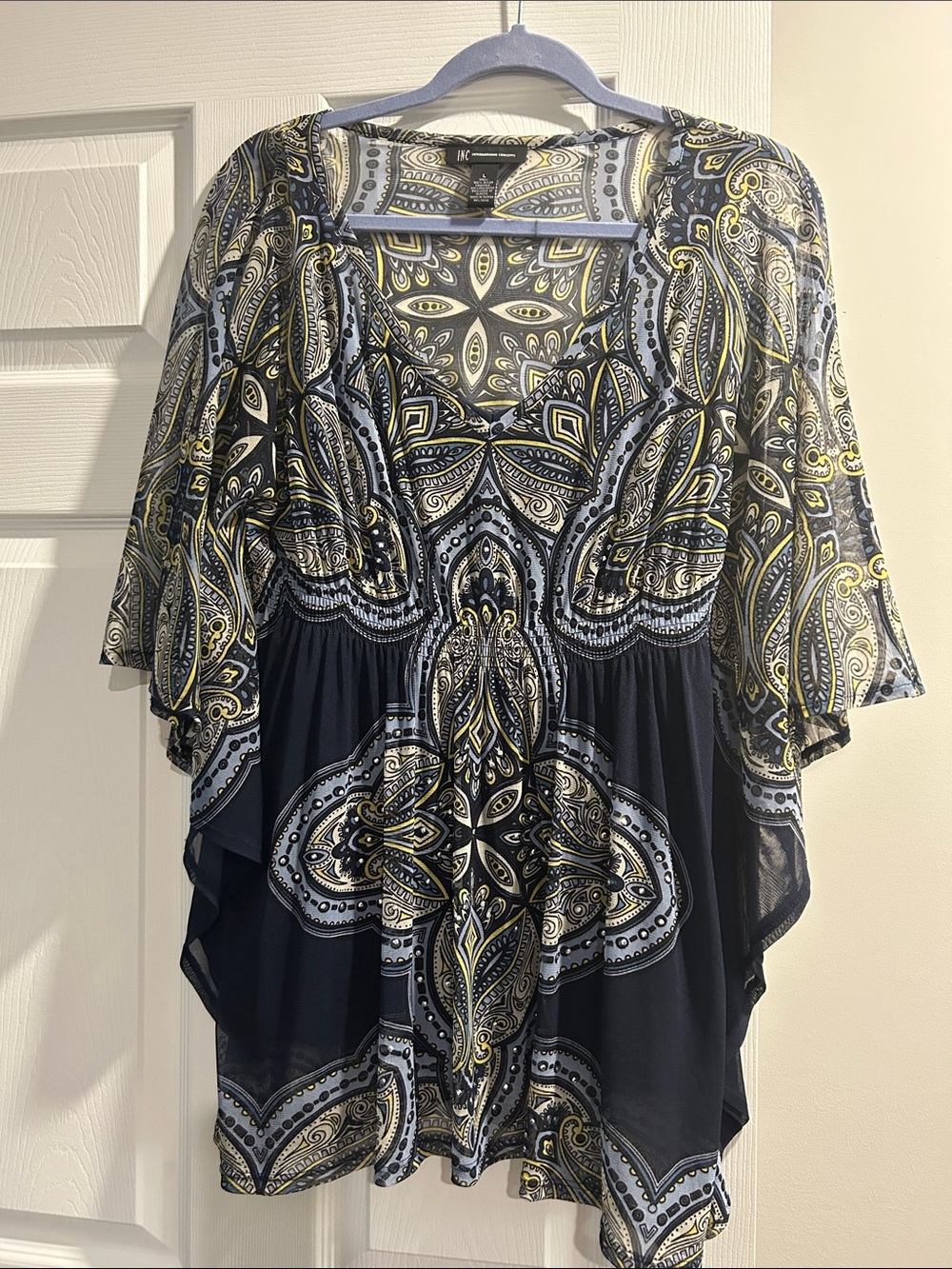 INC International Concepts Navy Paisley Tunic with Yellow Accents